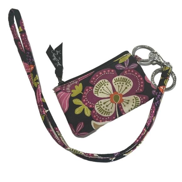 Vera Bradley Black Multicolor Floral ID/Badge Wallet w Clip & Keychains Cottage - Picture 2 of 5